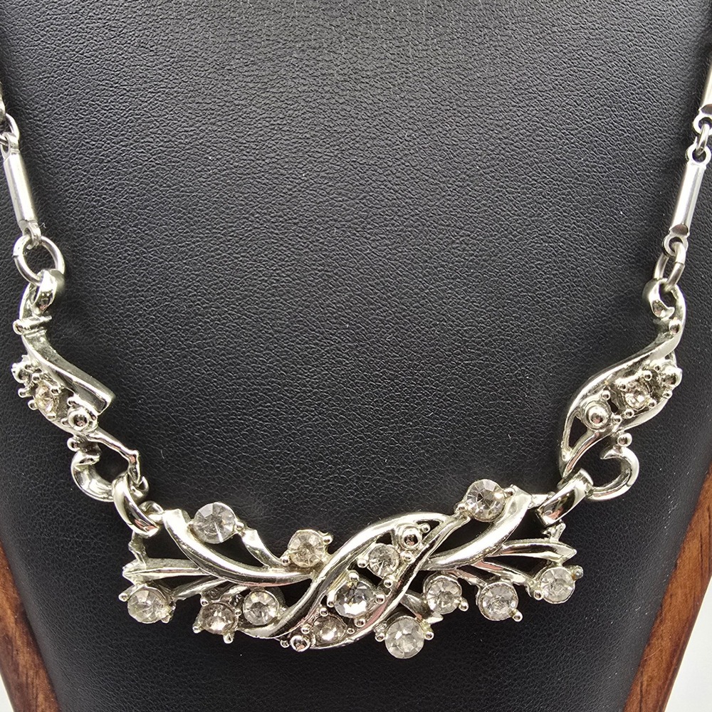 Vintage Silver Tone Clear Rhinestone Floral Spray Bar Link Choker Necklace 14" - Picture 2 of 8